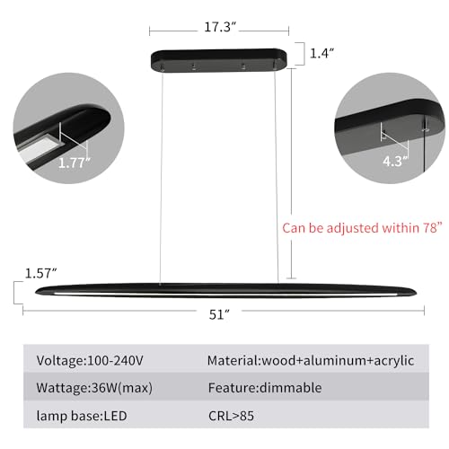 39" Wood LED Linear Pendant Light Black Linear Pendant Dinning Room Hanging Lights LED Dimmable Chandeliers 24w for Dining Room Pool Table Lights Kitchen Island Light Black