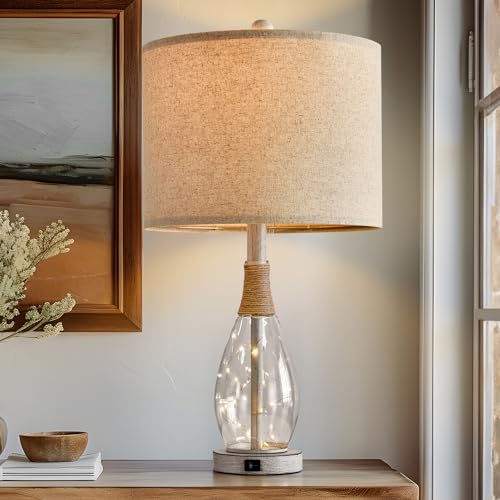 23" USB A+C Table Lamp for Bedroom Living Room Modern Bedside Lamps Retro Farmhouse Rattan Glass Nightstand Nightlight Lamps
