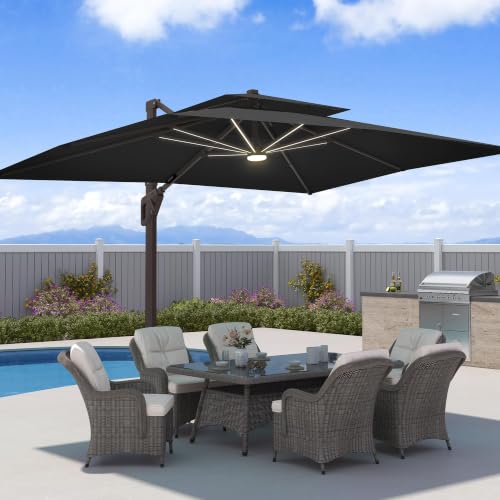 9x12 FT Patio Cantilever Outdoor Umbrella with Base and LED Lights