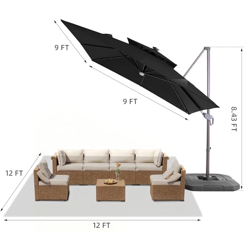 9x9 FT Cantilever Offset Patio Umbrella with Lights & Base