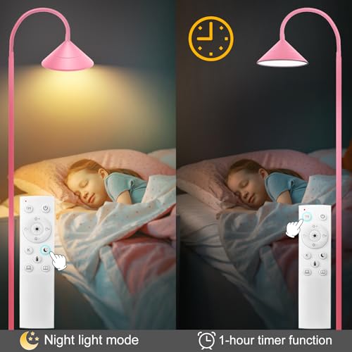 Floor Lamp 18W Upgraded Bright LED Floor Lamps for Living Room Bedroom with Gooseneck Stepless Dimming & Color 76inch Tall Standing Lamp with Remote & Touch Control Work with Smart Plug (Pink-76inch)