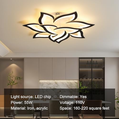 31.5" Black Flower Shaped Ceiling Light 10 Petals Dimmable Modern Ceiling Lamp Remote Control LED Lighting Fixture for Living Room Bedroom Dining Room