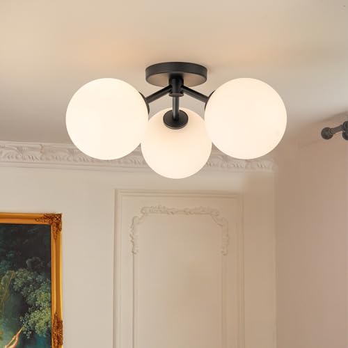 Mid Century Modern Black Semi Flush Mount Ceiling Light Fixture 3 Light 18 inch