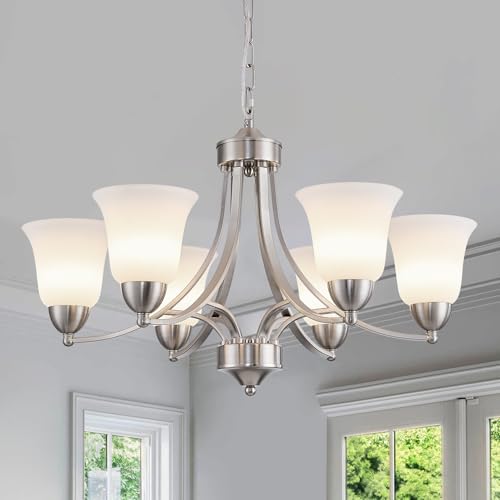 6 Lights Brushed Nickel Dining Room Light Fixture Farmhouse Modern Chandelier Pendant Light Silver Adjustable Ceiling Hanging Lighting with Frosted Glass for Kitchen Island Living Room Foyer (6 Count)