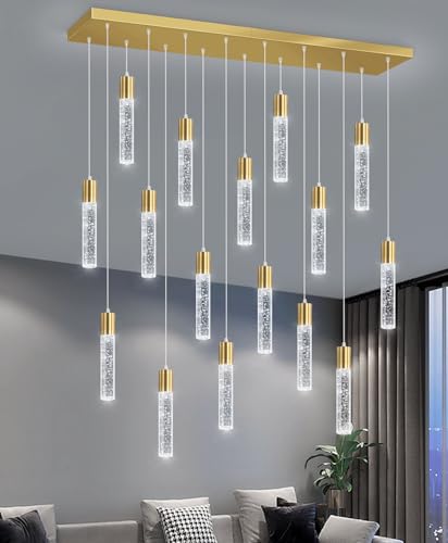 16 Lights Modern Crystal Rectangular Chandeliers LED Pendant Light for Kitchen Island High Ceiling Chandelier for Dining Room Entrance Foyer Living Room Gold