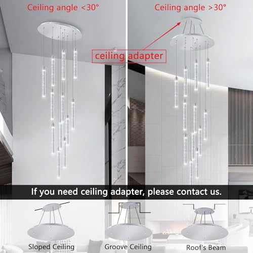 12 Lights Modern Chandeliers for Entryway High Ceiling Chandelier LED Dimmable Long Lights Fixture Pendants Lighting Crystal Chandeliers for Hallway Foyer Living Room Silver Finished Lighting
