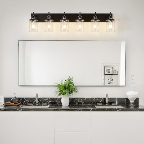 6 Light Black Bathroom Light Fixture Over Mirror Modern Farmhouse Bathroom Vanity Light Vintage Wall Lighting with Clear Glass Shade for Bathroom