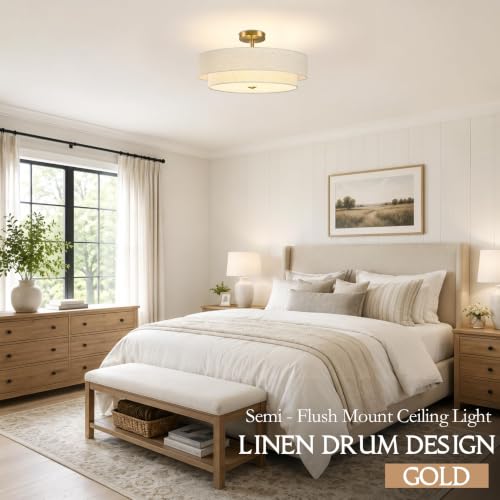 20" Modern 2 Layer Fabric Ceiling Light Gold Classic Drum Light Fixture 5