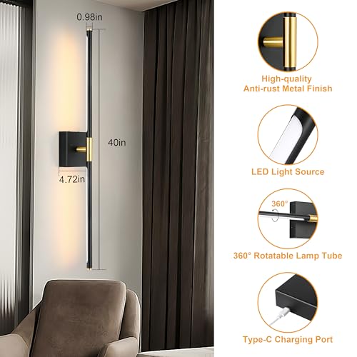 40 Inch Black Battery Operated Wall Sconce Set of Two with Remote (2 Count)