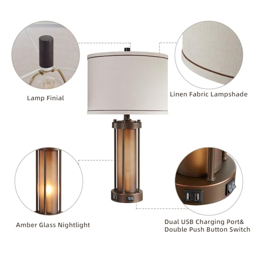 Set of 2 Farmhouse Table Lamps for Living Room with 2 USB Charging Ports (2 Count)