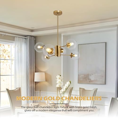 6 Light Globe Sputnik Chandelier Modern Gold Sputnik Chandelier Mid Century Pendant Light Brushed Brass Finished with Clear Globe Glass Lampshade Chandeliers for Dining Room Kitchen