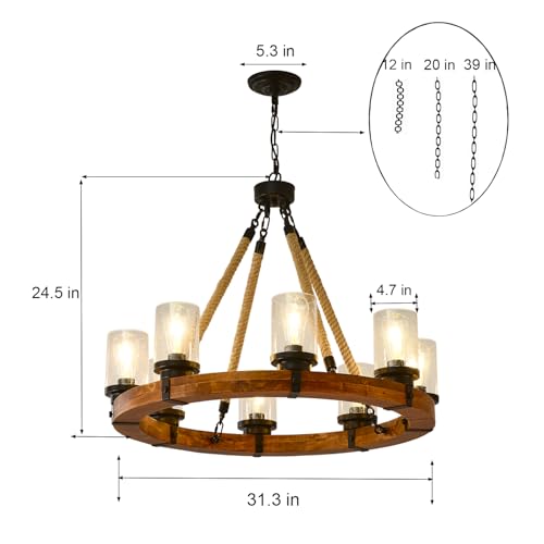 Rustic 8 Light Wagon Wheel Chandelier Wagon Wheel Dining Room Light Fixture with Seeded Glass Shade Suitable for Farmhouse Chandeliers in Living Room Kitchen and Entryway (8 Count)