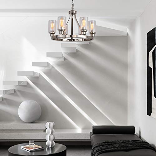 Dining Room Lighting Fixtures Hanging Brushed Nickel Kitchen Modern Chandelier Over Tables 6 Light with Glass Pendant Light for Dining Room Living Bedroom