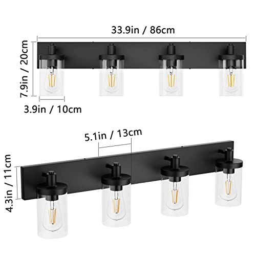 Bathroom Vanity Light Farmhouse 4 Light Matte Black Vanity Lighting Fixtures with Clear Glass Shade
