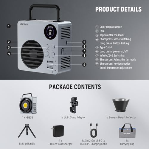 80W LED Video Light with 72Wh Battery & 100W PD Adapter APP