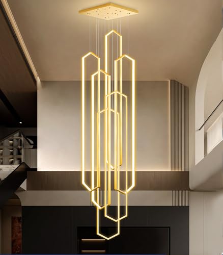 6 Rings Large Chandelier for Staircase Modern High Ceiling Chandelier LED Dimmable Chandeliers for Foyer Staircase Foyer Enterway Living Room Villa Gold (6 Count)