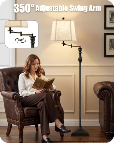 62" Black Floor Lamp for Living Room with 350° Adjustable Swing Arm (Black)