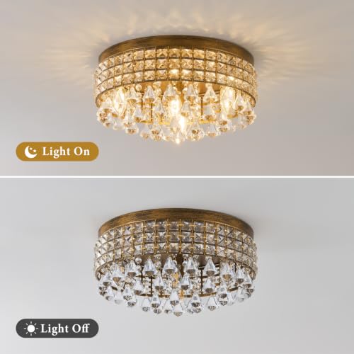 Antique Crystal Flush Ceiling Light (Antique Brass)