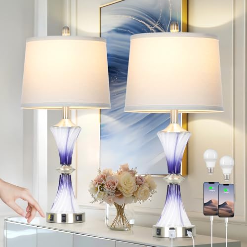 Purple Glass Table Lamp Set of 2 with USB C+A Ports & AC Outlet (2 Count)