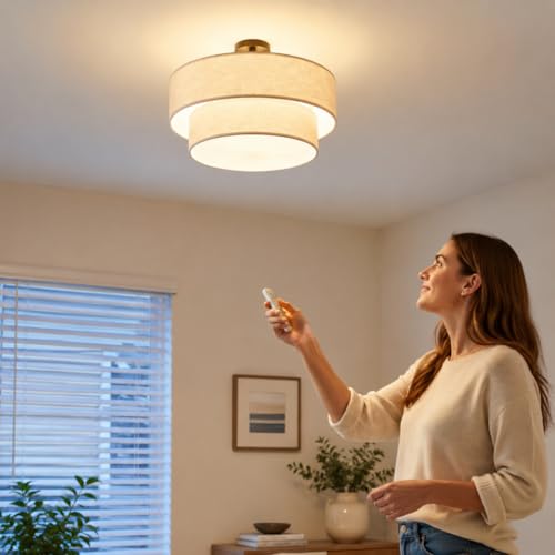 6 Light 26" Cream Fabric Gold Semi Flush Mount Close to Ceiling Light Fixture