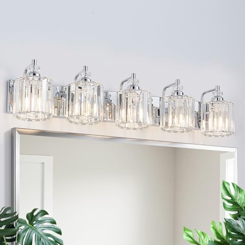 5 Light Modern Bathroom Light Fixture Chrome Bathroom Vanity Lights Over Mirror Wall Sconce Lighting with K9 Crystal Shades E26 Base for Bedroom