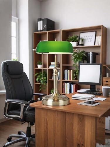 Green Glass Bankers Desk Lamp with Pull Chain Switch Plug in