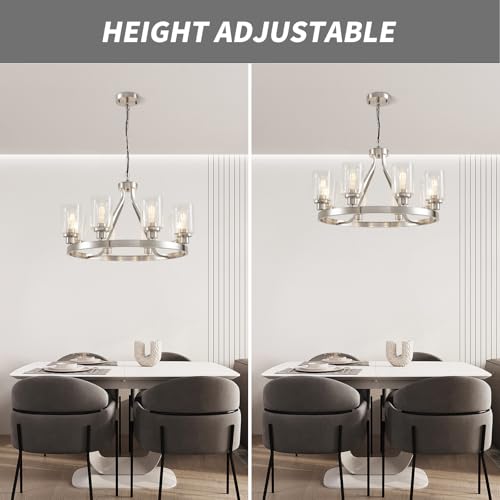 8 Light Modern Chandeliers for Dining Room Light Fixture Brushed Nickel Kitchen Chandelier Ceiling Hanging Pendant Lighting with Glass Shade for Living Room Entryway Adjustable Height E26