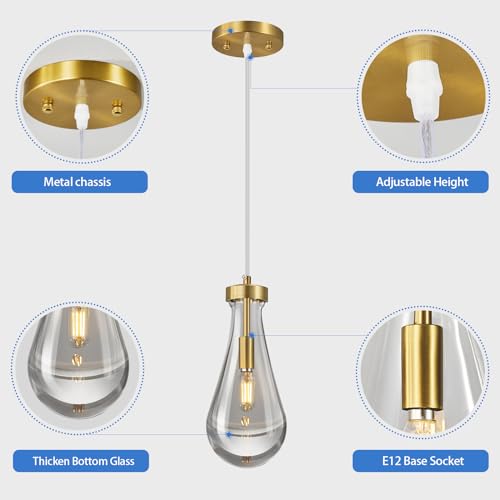 Raindrop Pendant Lights Kitchen Island Set of 2 Teardrop Gold Hanging Light Fixtures Clear Solid Glass Pendant Light Modern Chandeliers for Dining Room Porch Corridor Living Room… (2 Count)