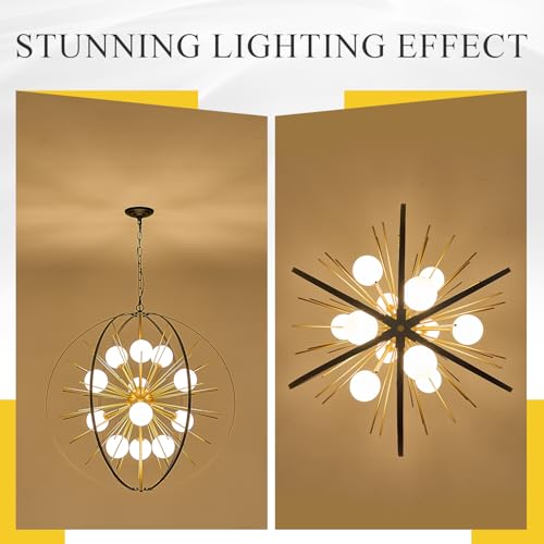 31" 12 Light Black Gold Sputnik Chandelier with Milk Glass Shade