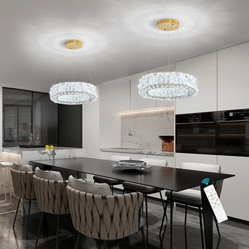 Modern Chandelier for Dining Room Dimmable LED Pendant Lights for Kitchen Island Lighting Gold Ring Crystal Chandeliers for Bedroom Entrance Living Room