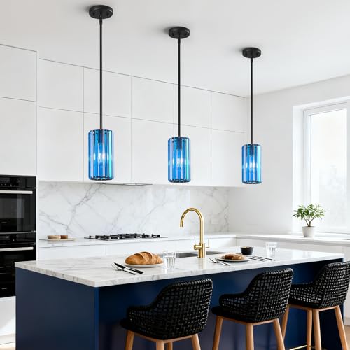 Modern Crystal Pendant Light Mini Dark Blue Chandeliers Adjustable Pendant Lights Fixture for Kitchen Island Dinning Room Corridor Bedroom (3 Count)