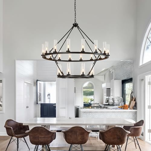 48 Inch Large Black Wagon Wheel Chandelier with Clear Glass Shade 2 Tier 24