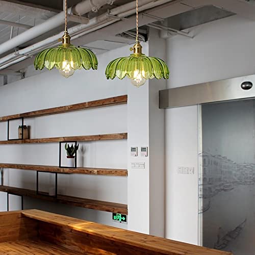 Green Glass Pendant Light Fixtures Medium 9.8 Inches Lampshade Gold Brass Finish and Switch Vintage Pendant Ceiling Lamp Copper Farmhouse Pendant Lighting