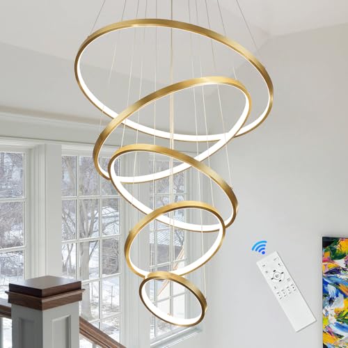 Modern LED Chandelier High Ceiling 5 Ring Gold Chandeliers Foyer Dimmable Ceiling Pendant Light Fixture Contemporary Flush Mount Chandelier for Staircase Living Room