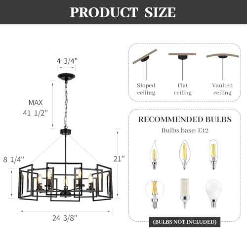 5-Light Black Geometric Chandelier,Height Adjustable Industrial Chandelier for Dining Room,Modern Farmhouse Chandelier Light Fixture over Table,for Bedroom,Living Room,Entryway,Bulbs Not Included