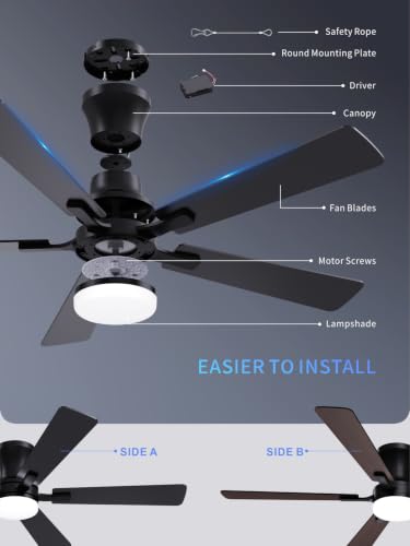 52 Inch Black Low Profile Ceiling Fan with Light and Remote (Black / 52 Inch)