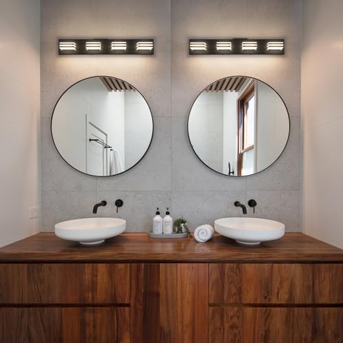 4 Light LED Black Vanity Lights for Bathroom Light Fixtures Adjust 3 Colors Modern Bath Lighing Over Mirror LED Vanity Light 27inch Acrylic Heads (4 Count)