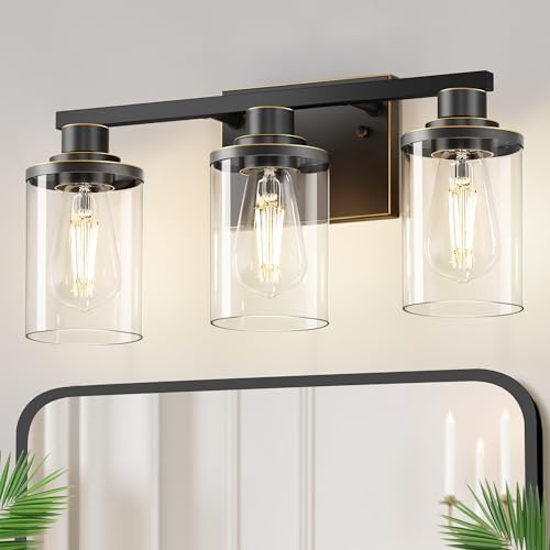3 Light Black with Gold Trim Bathroom Vanity Light Over Mirror
