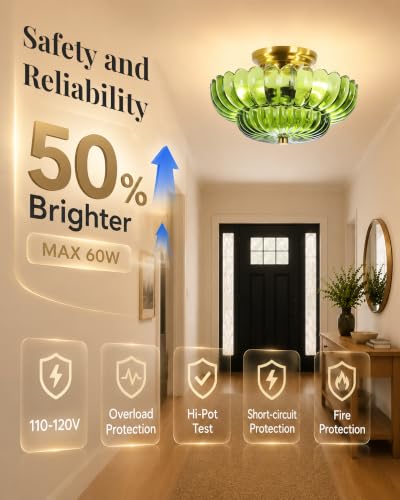 Semi Flush Mount Ceiling Light Fixture 11.8" Vinatge Gold Ceiling Lights Mid Century Modern Green Glass Close to Ceiling Lighting Fixtures for Bedroom Hallway Foyer Bathroom Kitchen Entryway (3 Count)