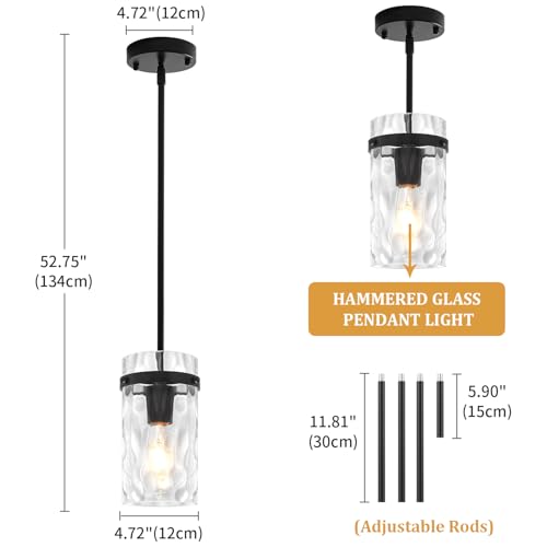 3 Pack Black Pendant Lights Kitchen Island Modern Hammered Glass (3 Count)