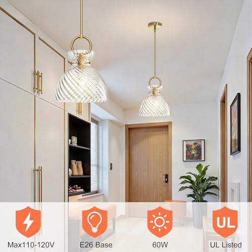 Gold Pendant Light Kitchen Island with 9.84'' Striped Glass Shade