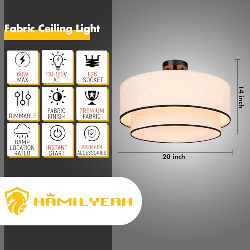 20 inch Semi Flush Mount Ceiling Light Fixture with Fabric Shade
