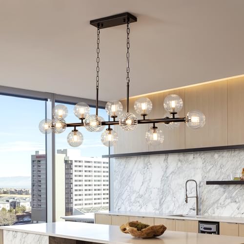 Black Rectangle Chandelier Modern Chandelier Glass Pendant Light Fixture Adjustable for Dining Living Room Kitchen Island 16 (16 Count)