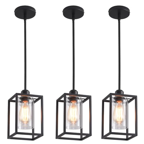 3 Pack Stem Rod Black Pendant Lights for Kitchen Island Industrial Lantern Pendant Light Fixtures with Clear Glass Shade (3 Count)
