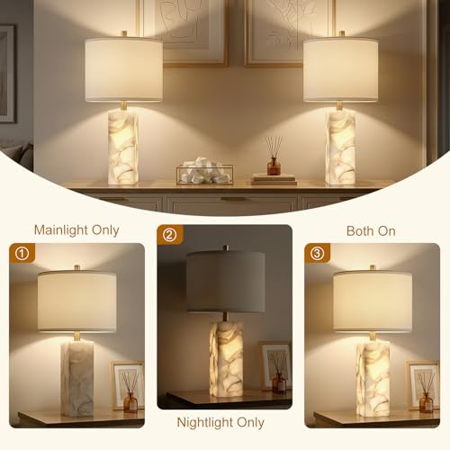 23" Alabaster Table Lamp Set of 2 with Night Light for Living Room (2 Count)