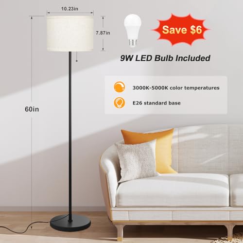 Modern Standing Floor Lamp for Living Room & Bedroom with 3 Color Temperatures Bulb & Pull Chain Switch