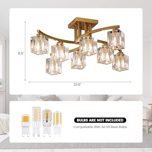Modern Crystal Ceiling Light Fixture Gold Semi Flush Mount Ceiling Light with 8