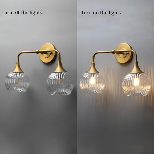 Wall Sconce Vintage Vanity Light Antique 2 Lights Sconce with Clear Ribbed Globe Glass Shade Antique Brass Gold Double Sconces for Bathroom