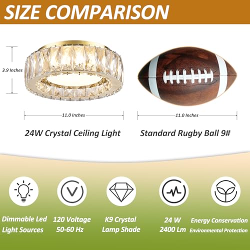 11 Inch Gold Luxury Crystal Flush Mount Ceiling Light Fixture