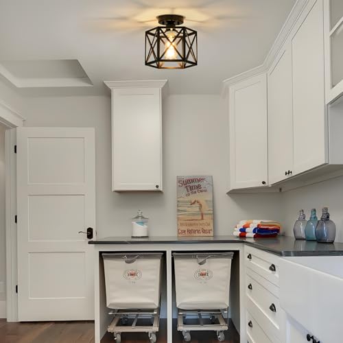 Black Modern Farmhouse Metal Semi Flush Mount Ceiling Light Fixture 9.5 in
